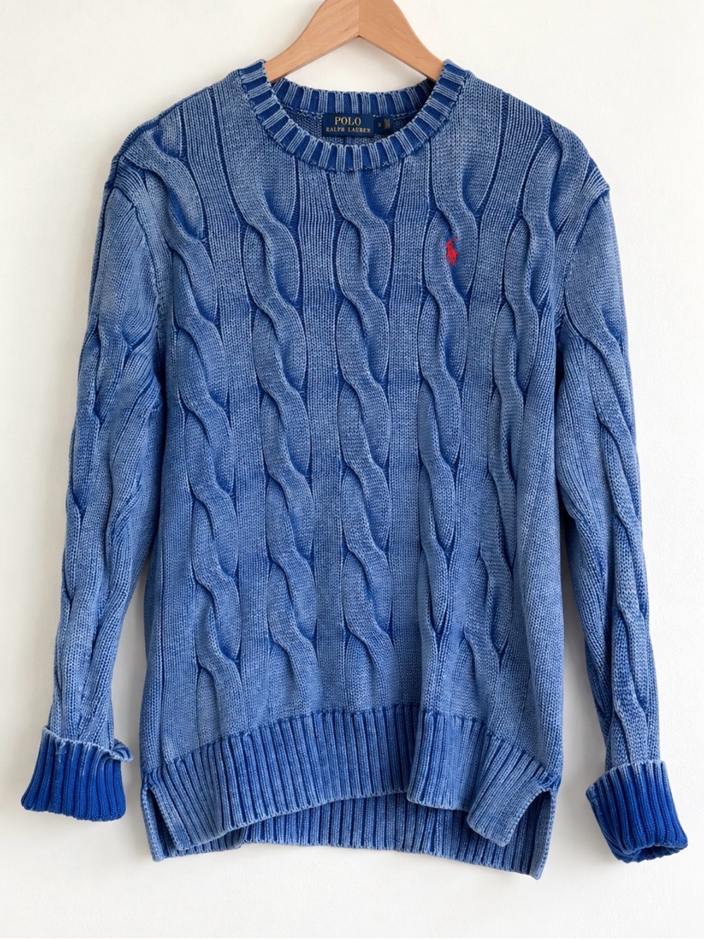 Polo by Ralph Lauren Light Blue Cable Knit Crewneck Sweater with Red Pony